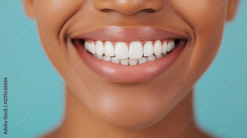 Obraz premium Close-up of a smiling woman with perfect white teeth against a soft turquoise background