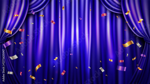 Blue purple curtain vector background with confetti
