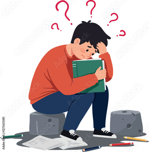 A young male student with a green book sitting on grey blocks, displaying frustration and confusion in a flat vector illustration