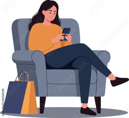 A woman relaxing on a grey armchair with a shopping bag while using her smartphone in a flat vector illustration