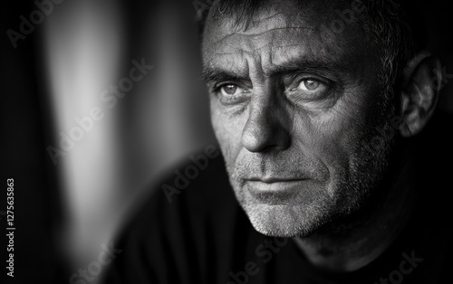 Nostalgic black-and-white portrait of a thoughtful man subtle grain and soft contrast blurred background