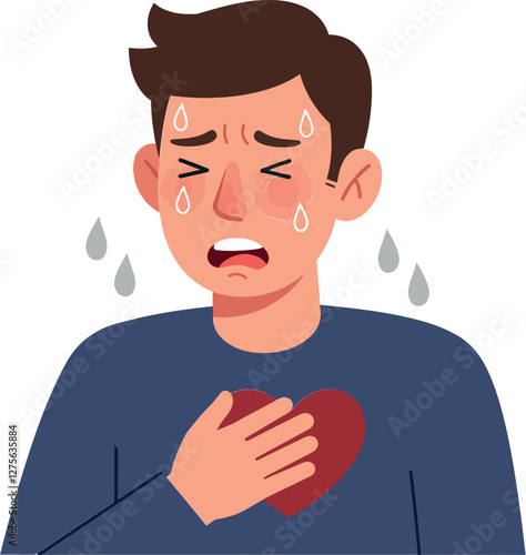 A distressed man holding a heart symbol in his chest, expressing sadness and emotion in a flat vector illustration, showcasing vulnerability and human feelings in a poignant scene