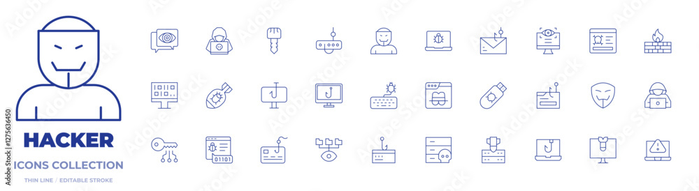Hacker icons collection. Thin Line icons, editable stroke. algorithm, anonymous, bug, computer, cyber attack, database, firewall, fishing, hacked, hacker, key Hacker icons collection. Thin Line icons, editable stroke. algorithm, anonymous, bug, computer, cyber attack, database, firewall, fishing, hacked, hacker, key