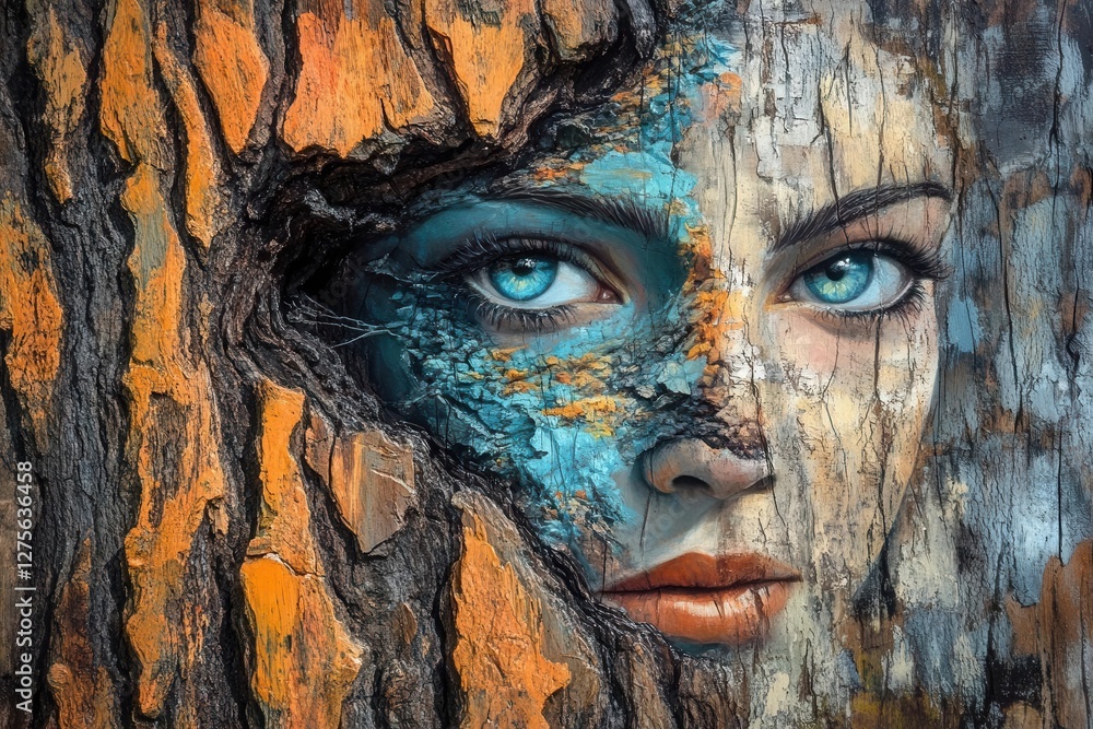 surreal portrait emerging from weathered oak bark vibrant expressionist brushstrokes in blues and oranges textural organic patterns merging with human features surreal portrait emerging from weathered oak bark vibrant expressionist brushstrokes in blues and oranges textural organic patterns merging with human features