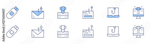 Hacker icon set in two styles, Duotone and Thin Line style. Editable stroke. pendrive, phishing, server, spyware