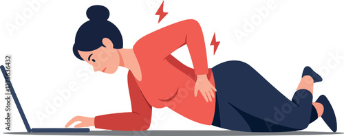 Woman lying on her stomach with a laptop experiencing back pain in a flat vector illustration