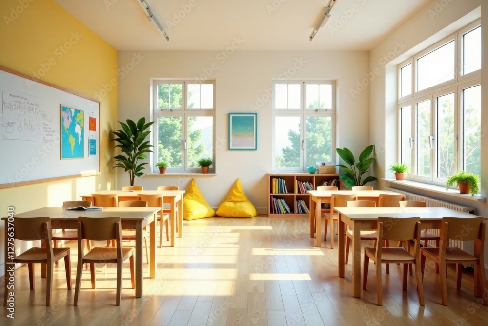 Fototapeta premium Bright and airy classroom with sunlight streaming through large windows, desks arranged for collaborative learning, and cheerful yellow beanbag chairs providing a cozy reading nook