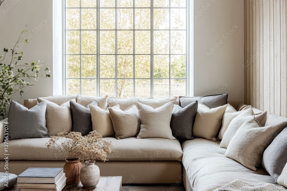 Fototapeta premium Modern Living Room Sofa with Cushions and Window View