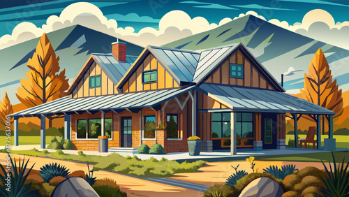 A ranch home that merges rustic and modern styles, highlighted by a metal roof and large, industrial-style windows.