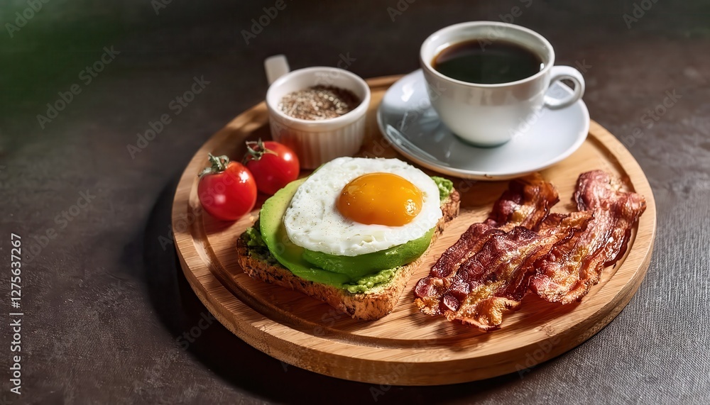 Delicious breakfast plate featuring bacon, avocado toast, fried egg, cherry tomatoes, and coffee in a cozy setting Delicious breakfast plate featuring bacon, avocado toast, fried egg, cherry tomatoes, and coffee in a cozy setting
