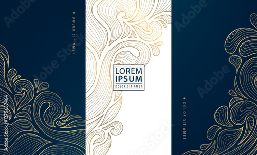 Vector leaf gold flower design, luxury box nature texture, art deco vintage premium ornament, floral label ornament. Product fancy package, royal spa, wine, chocolate, perfume design illustration