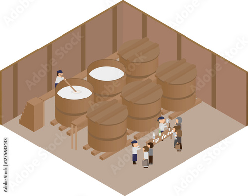 アイソメトリックな酒蔵の酒造りの工場見学をしている人たちのイラスト