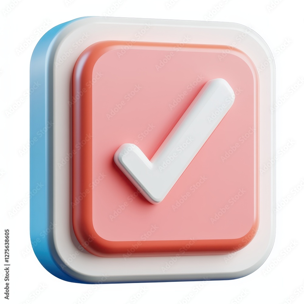 A bold red and blue button featuring a prominent check mark for approval and confirmation A bold red and blue button featuring a prominent check mark for approval and confirmation