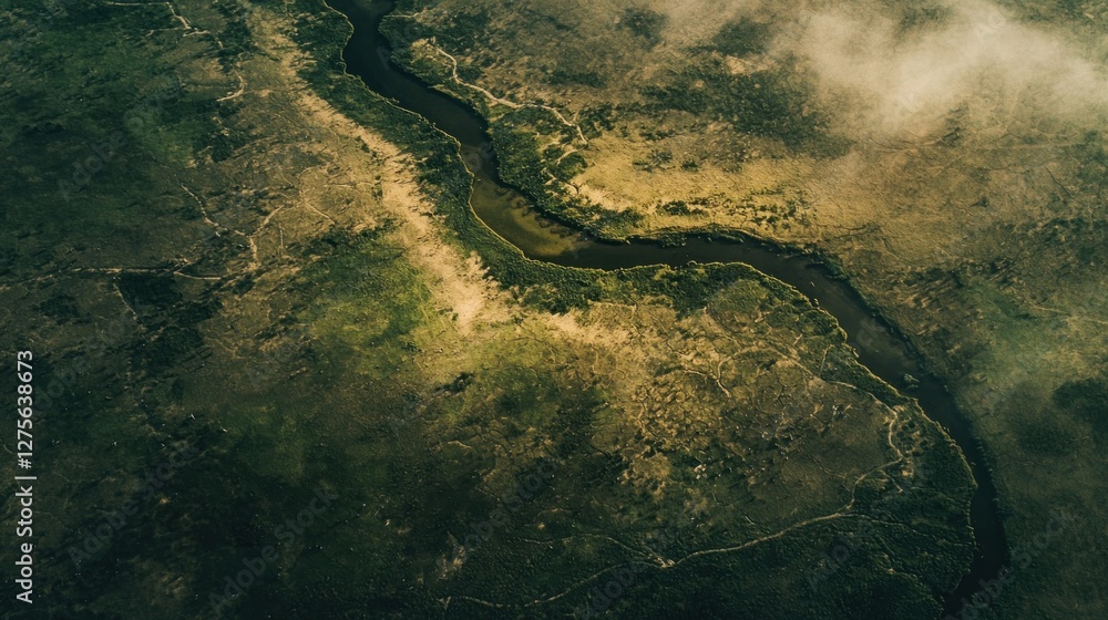 Aerial View of a Serene River Winding Through Lush Green Landscape Aerial View of a Serene River Winding Through Lush Green Landscape