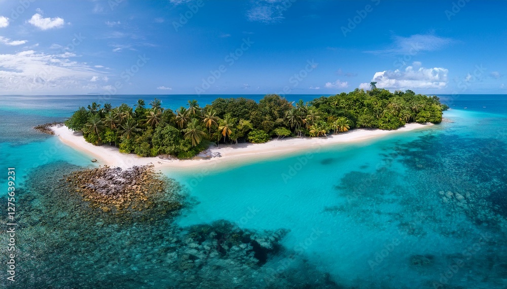 Obraz premium A stunning aerial view of a hidden tropical island, surrounded by lush greenery and pristine white sandy beach. Vibrant turquoise waters and untouched nature create a serene, paradise-like atmosphere.