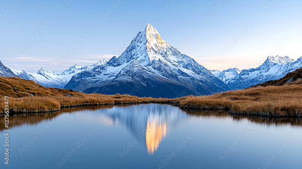 Majestic mountain peak reflecting in calm water at golden hour light Majestic mountain peak reflecting in calm water at golden hour light
