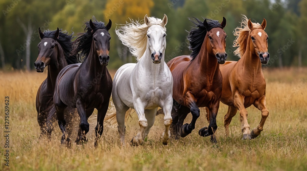 Four Horses Galloping Across Autumnal Field Four Horses Galloping Across Autumnal Field
