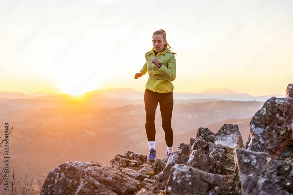 Obraz premium Woman running on rocky terrain at sunrise.