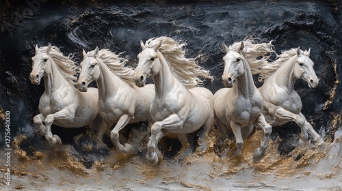 Four White Horses Running Dynamically Against Dark Background