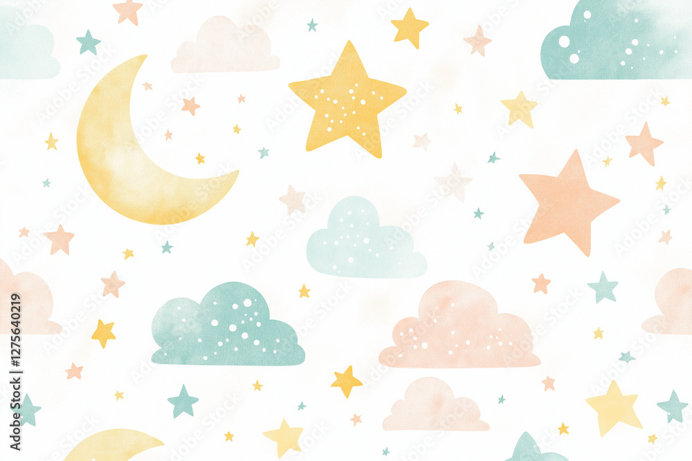 Fototapeta premium パターン, 子供向け, 子供, 水彩, 星, 空, 雲, ベクター, イラスト, 夜, 月, manga, 乗り切る, デザイン, 模様, 自然, 虹, 文科系, サマータイム, 空間, デコレーション, 壁紙, 青, 太陽, 雨, フレーム, 紙, アイコン
