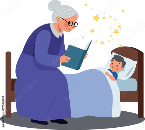 A grandmother reading a bedtime story to a smiling child in a cozy bedroom, flat vector illustration capturing warmth and tenderness of storytelling