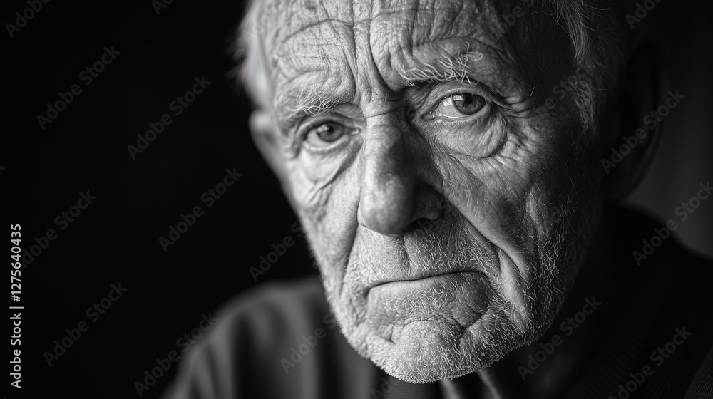 Obraz premium A striking black-and-white portrait of an elderly face with deep wrinkles and soulful eyes, emotive and timeless