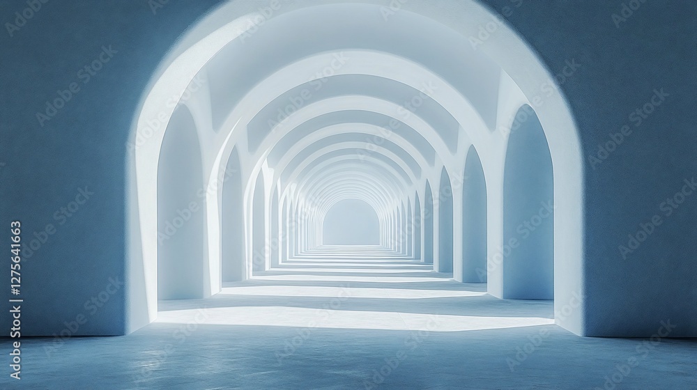 Abstract endless corridor with repeating arches and light, leading to a distant bright source Abstract endless corridor with repeating arches and light, leading to a distant bright source