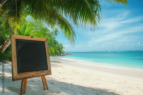 tranquil tropical beach scene with vintage chalkboard turquoise waters white sand palm trees swaying message concept photo