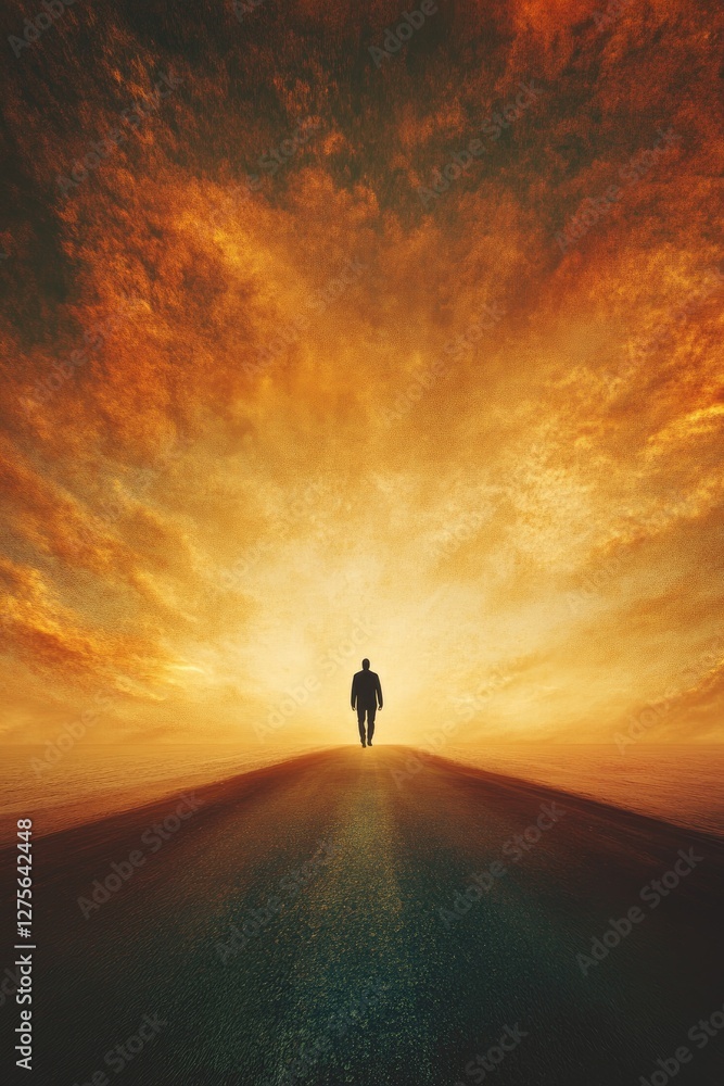 A lone man walks a fractured road toward a glowing horizon symbolizing renewal. A lone man walks a fractured road toward a glowing horizon symbolizing renewal.