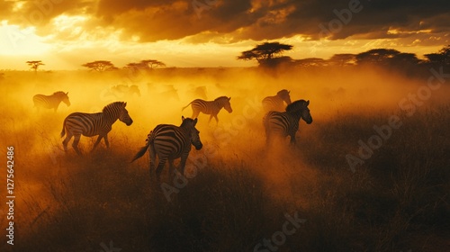 Golden Sunset Herd of Zebras in African Savanna