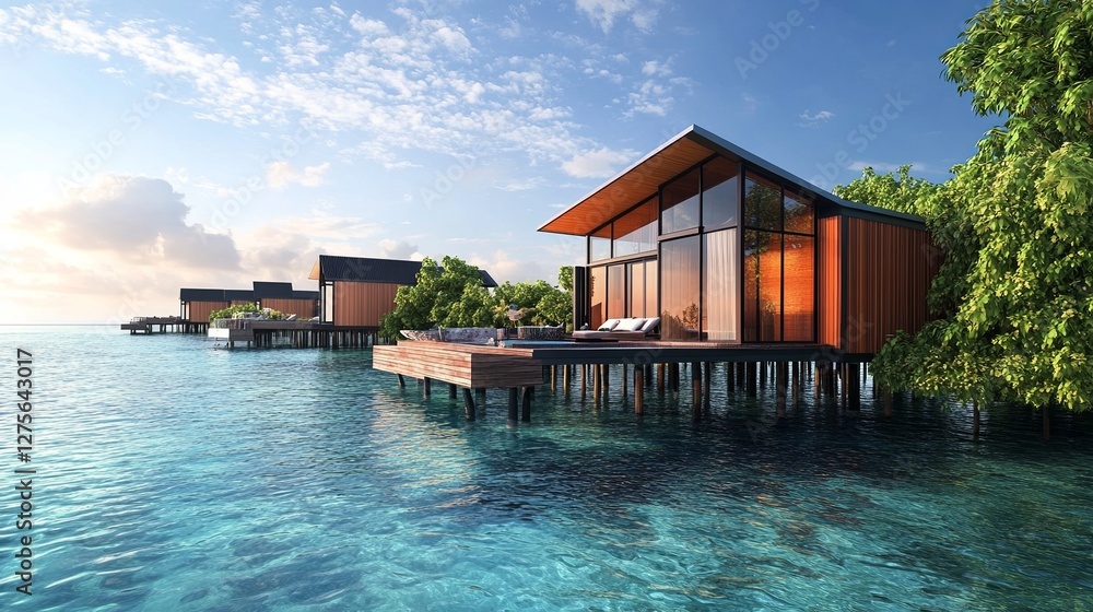 A scenic island with modern overwater bungalows and crystal-clear waters. digital A scenic island with modern overwater bungalows and crystal-clear waters. digital