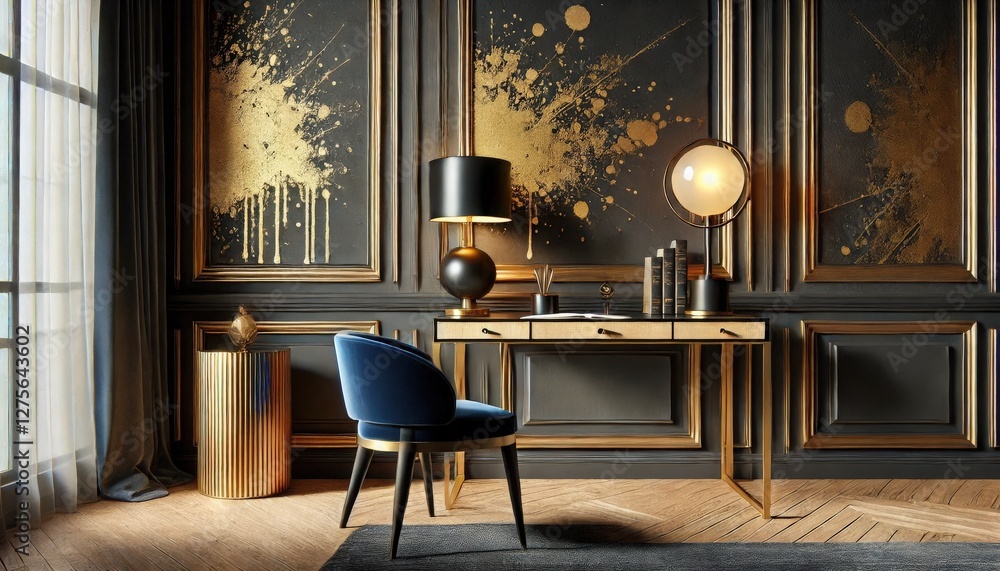 Fototapeta premium A chic workspace showcases a sleek desk adorned with decorative objects beside a striking lamp. Dark textured walls and golden accents enhance the elegant ambiance
