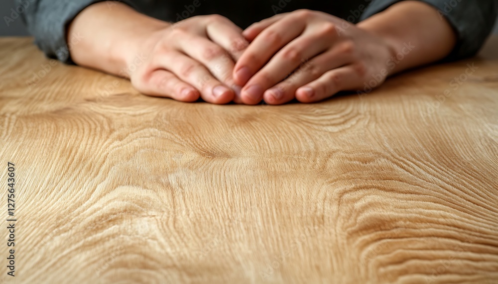Fototapeta premium Hands Resting on Wooden Table