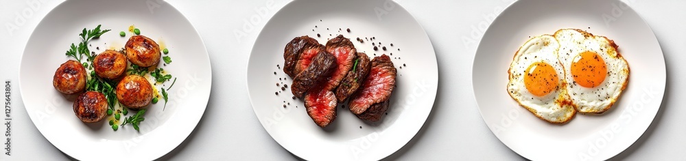 Three plated meals potato balls, steak, fried eggs Three plated meals potato balls, steak, fried eggs