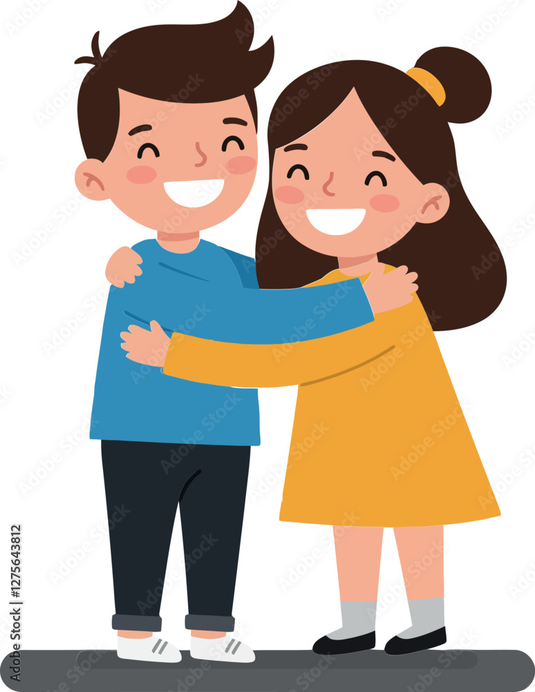 Two cheerful children embracing each other in a colorful, minimalistic design style showcasing friendship and joy in vector illustration Two cheerful children embracing each other in a colorful, minimalistic design style showcasing friendship and joy in vector illustration