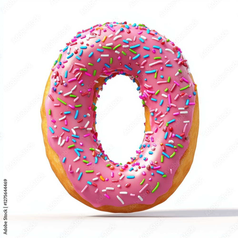 Number 0 made of fluffy pink-glazed donuts with colorful sprinkles isolated on a clean white background Number 0 made of fluffy pink-glazed donuts with colorful sprinkles isolated on a clean white background