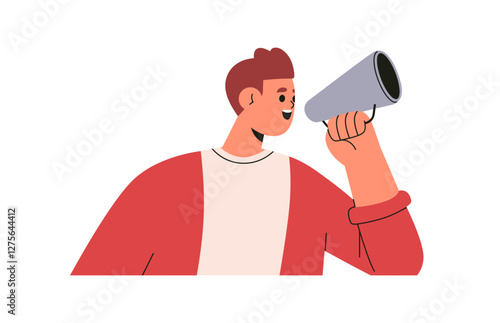 Man speaking with megaphone in hand. Announcing marketing message, promoting ...