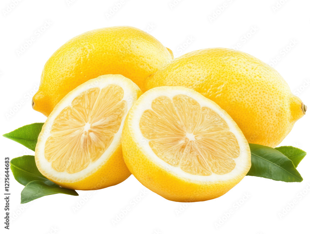 Isolated Lemons with Halved Fruit and Leaves Isolated Lemons with Halved Fruit and Leaves