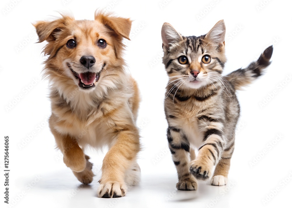 Cat and a dog running and playing together, friendship animals isolated on white background Cat and a dog running and playing together, friendship animals isolated on white background