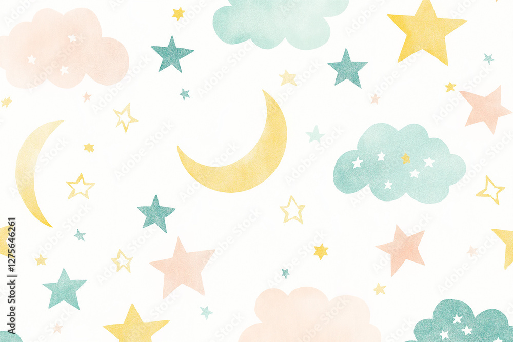 Obraz premium パターン, 子供向け, 子供, 水彩, 星, 空, 雲, ベクター, イラスト, 夜, 月, manga, 乗り切る, デザイン, 模様, 自然, 虹, 文科系, サマータイム, 空間, デコレーション, 壁紙, 青, 太陽, 雨, フレーム, 紙, アイコン