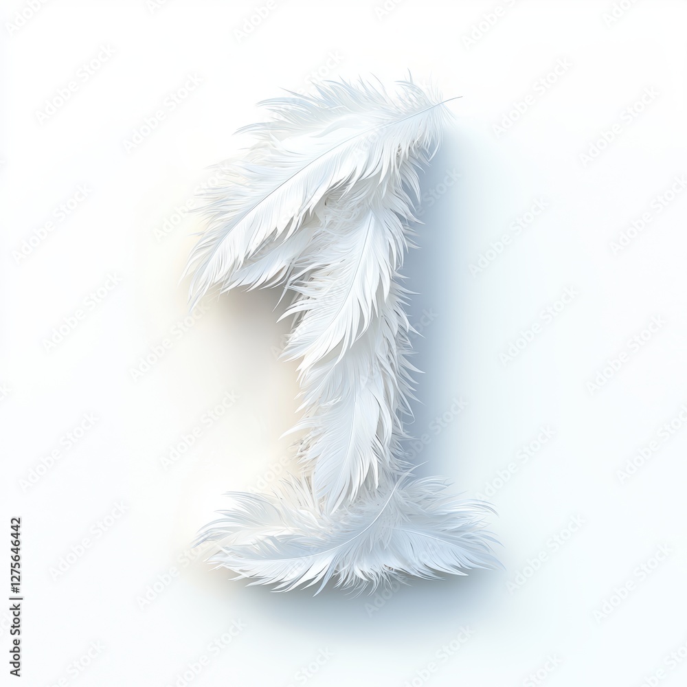 Obraz premium Number 1 made of delicate white feathers with soft shadows isolated on a clean white background