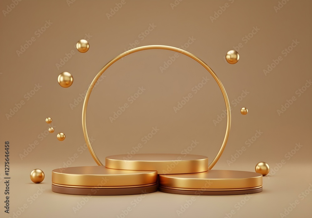 Luxury gold brown background, 3d podium display, modern mockup stage, dark fabric showcase, geometric stand, cosmetic studio, fashion advertising