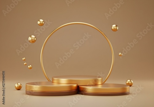 Obraz na płótnie Luxury gold brown background, 3d podium display, modern mockup stage, dark fabric showcase, geometric stand, cosmetic studio, fashion advertising w salonie