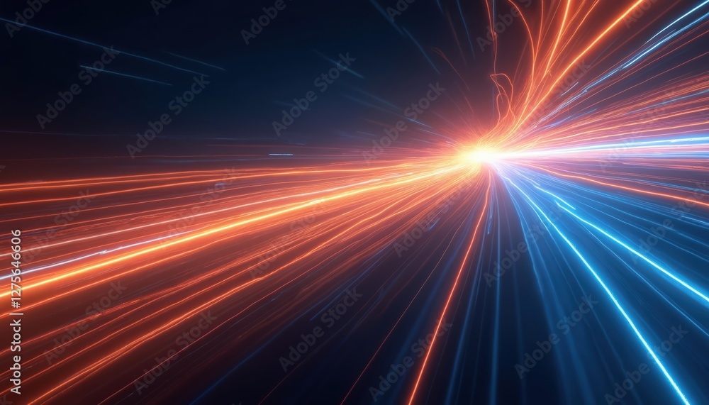 Abstract illustration with dynamic orange and blue light rays on dark blue background. Speed motion lines with glow effect. Futuristic high speed transport technology backdrop. Abstract illustration with dynamic orange and blue light rays on dark blue background. Speed motion lines with glow effect. Futuristic high speed transport technology backdrop.