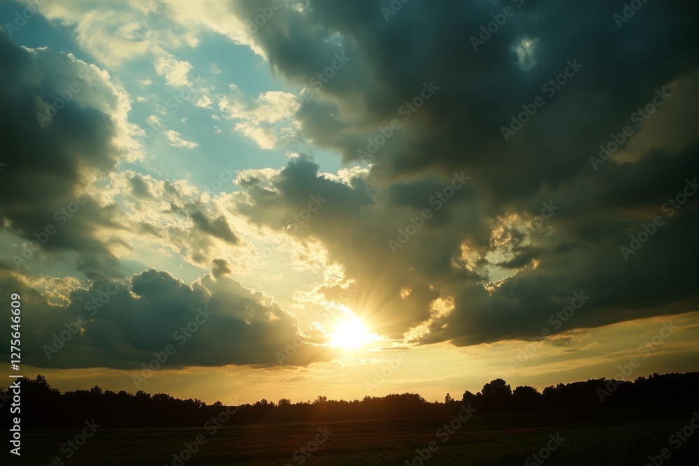 Golden sunlight breaks through dramatic clouds over a vast, flat landscape, capturing a moment of serene beauty and hope. Golden sunlight breaks through dramatic clouds over a vast, flat landscape, capturing a moment of serene beauty and hope.