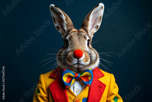 Animal creative concept,Clown Bunny: A Rabbit Dressed in a Bright Multi-Colored Clown Outfit.