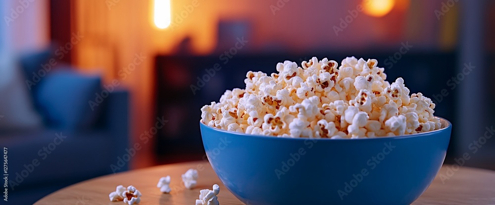 A Delicious Bowl of Popcorn on a Table, Ready for Movie Night at Home A Delicious Bowl of Popcorn on a Table, Ready for Movie Night at Home