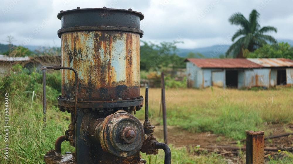 Close-up view of a neglected oil pump in a rural area, highlighting signs of deterioration amidst a natural landscape Close-up view of a neglected oil pump in a rural area, highlighting signs of deterioration amidst a natural landscape