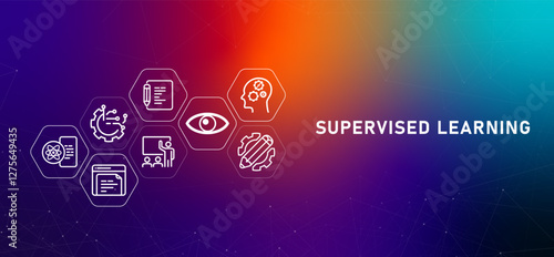 Supervised learning gradient header machine training data analysis modeling training with labels output prediction machine processing development system AI artificial intelligence icon design
