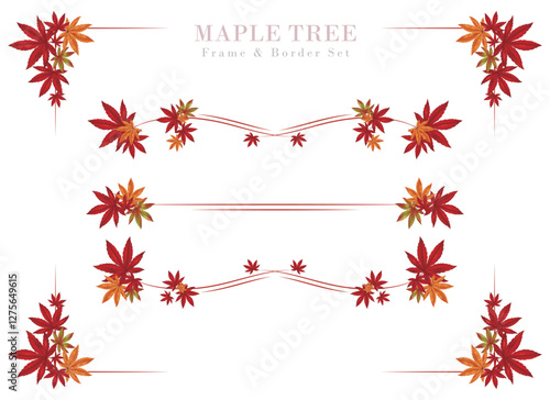 紅葉のフレームとボーダーのセット｜紅葉の木のリアルなベクターイラスト｜秋の景色